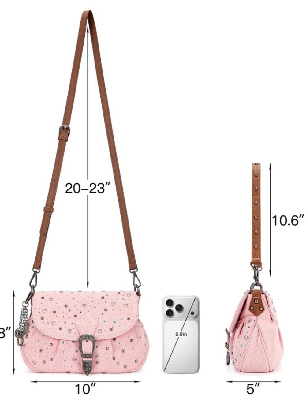 Wrangler Western Rhinestone Denim Flap Crossbody Shoulder Bag Pink - Picture 4 of 8